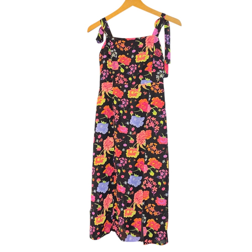 Betsey Johnson Neon Floral Tie Strap Midi Dress Black XS Smocked Back Slit NEW‎